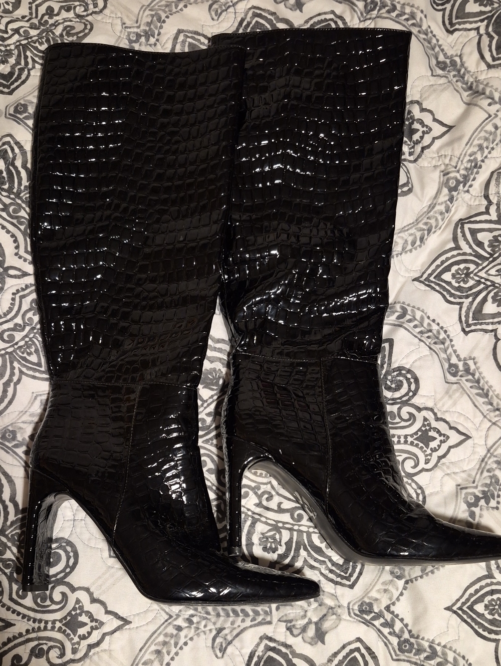 Vintage Black Croc-Embossed Pointed-Toe Over-the-Knee Boots